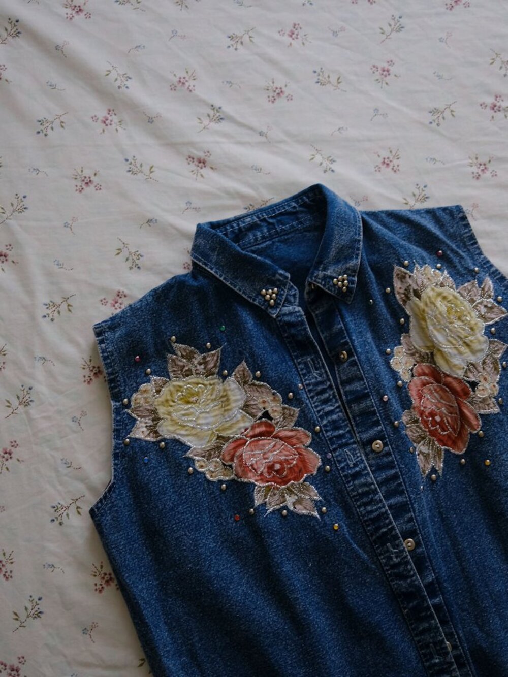 Vintage Embroidered Floral Denim Vest